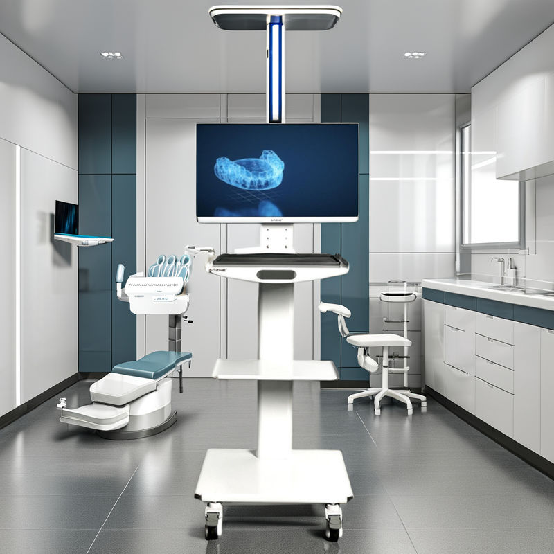 اسکنر دهان و دندان رنگی سفید، کالسکه همراه با نگهدارنده مانیتور، کالسکه ابزار دندانپزشکی فلزی